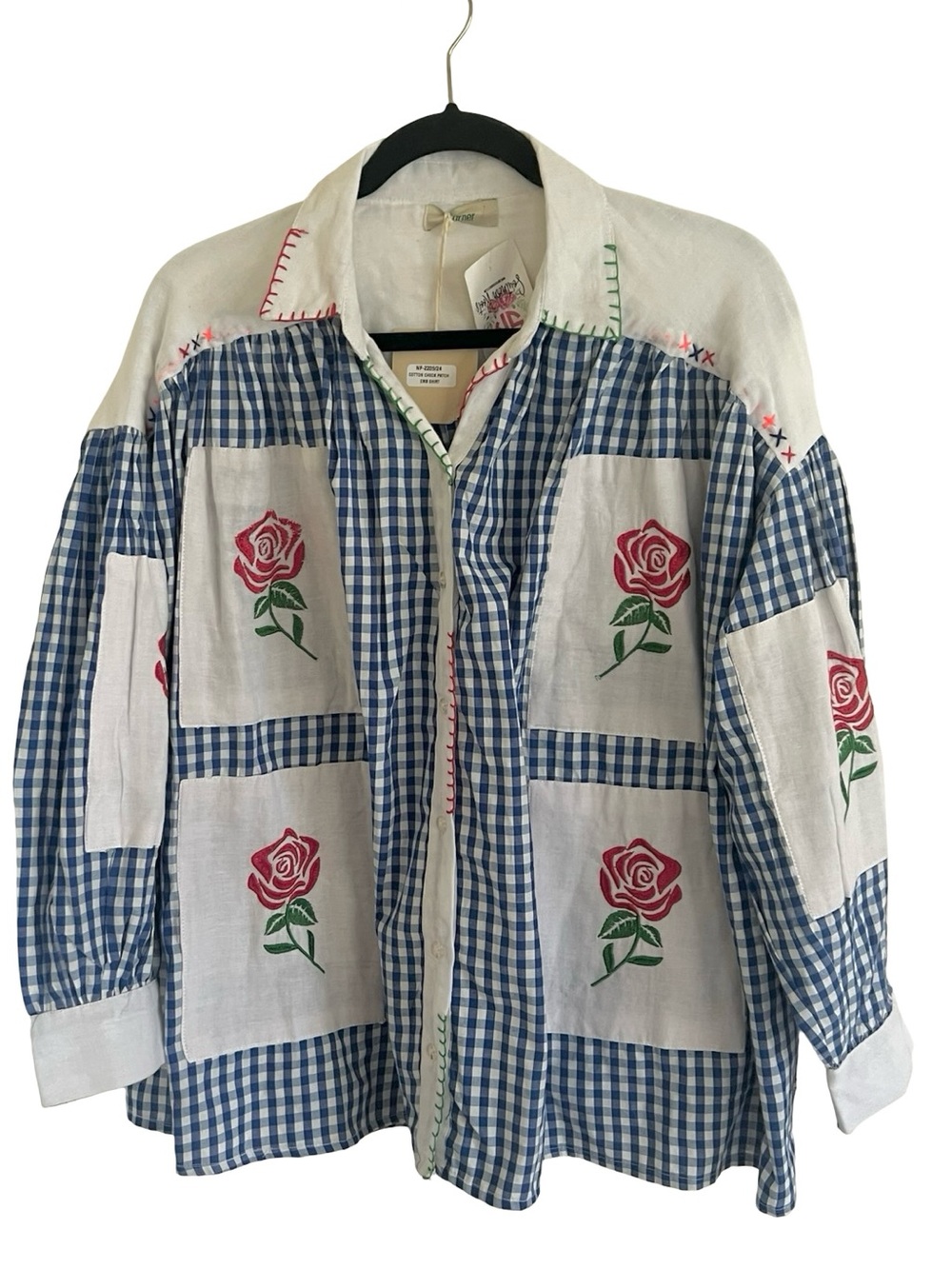 The Corner Blue White Gingham Rose Rosa Vichy Button Up Shirt NWT One Size
